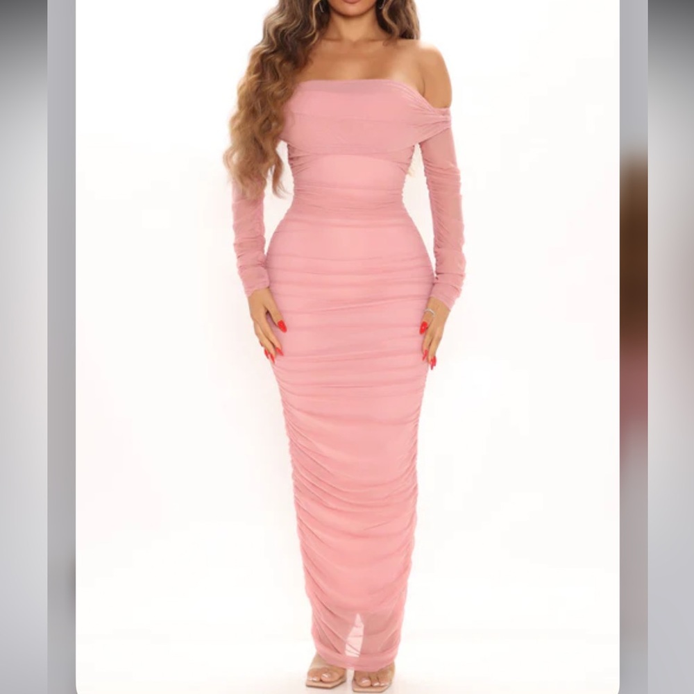 NEW Pink Off-Shoulder Mesh Maxi Dress